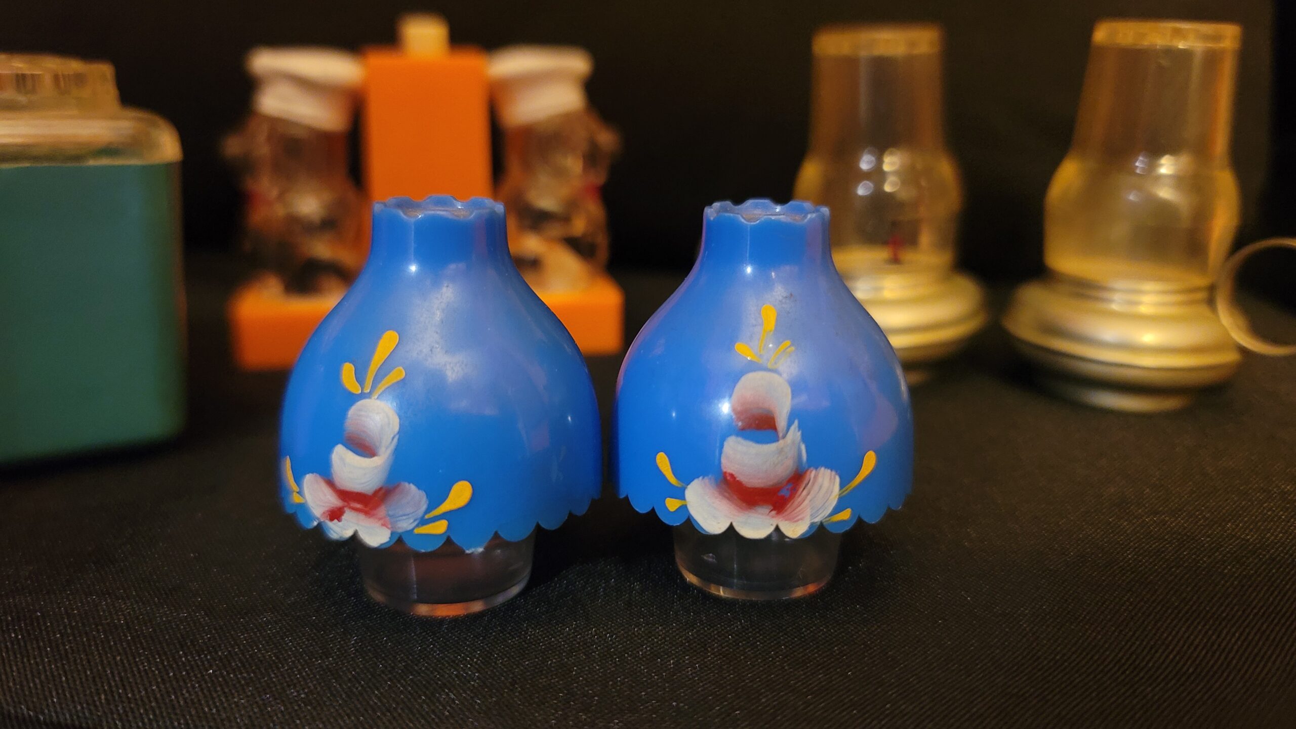 Vintage Salt and Pepper Shakers / Lanterns Scalloped Edge Blue Top