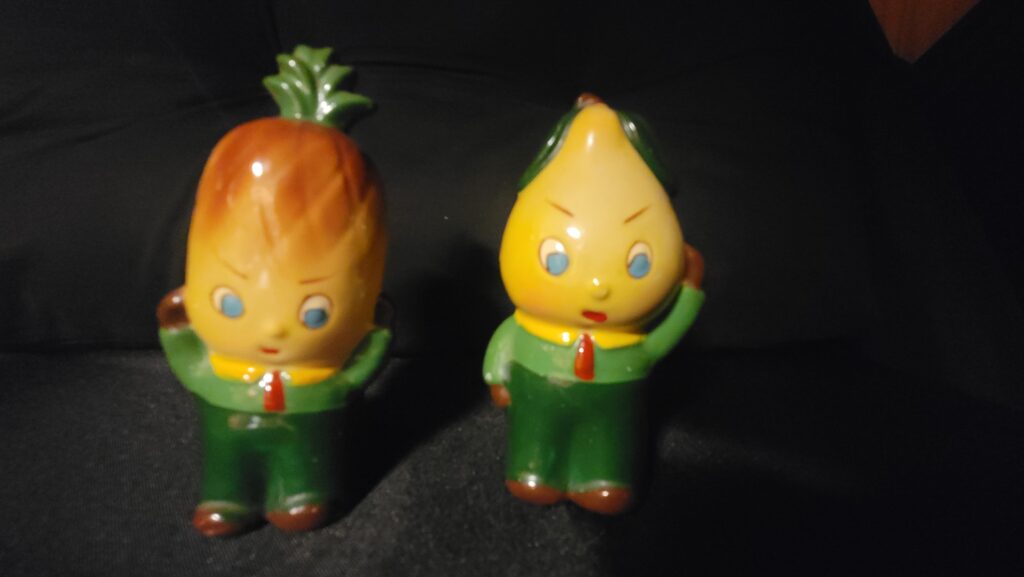Vintage Salt and Pepper Shakers /  Anthropomorphic Pineapple and Pear in Green Suits