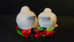 Vintage Salt and Pepper Shakers / Pair of Birds in Holly Berry Tray / 